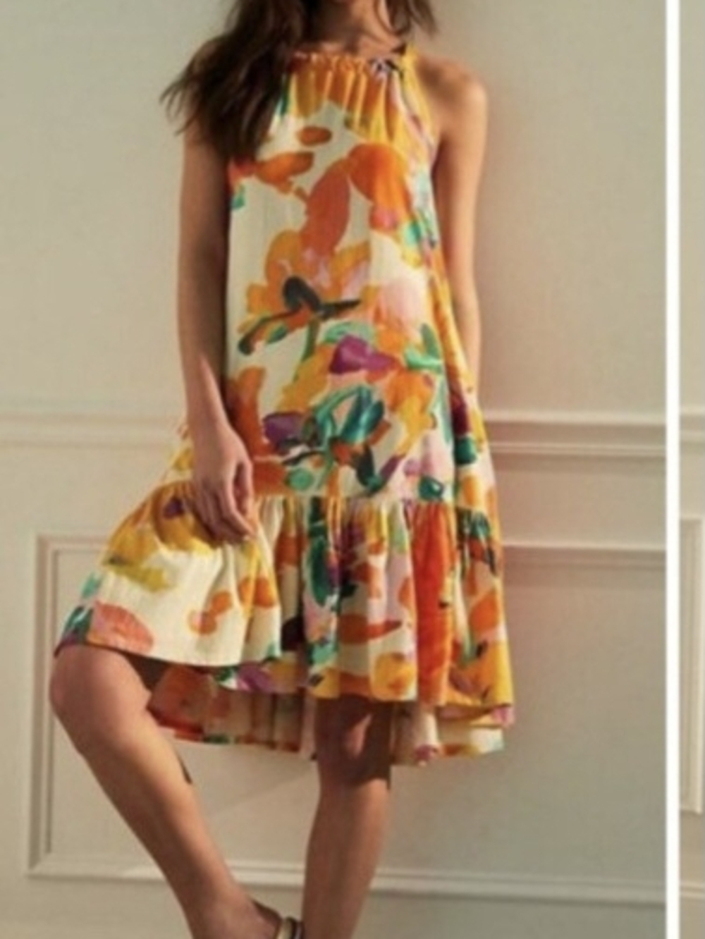 Daily Practice By Anthropologie Floral Halter Midi Dress in Cream, Orange,Yellow